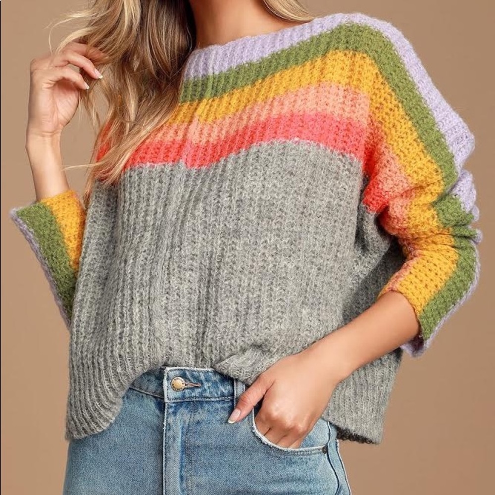 Free People See the Rainbow Grey Striped Sweater